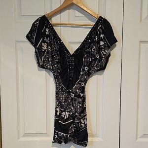 Te Amo Black & Cream Printed Off-Shoulder Bodycon Dress with Studded Detail – S